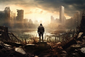 Man with a hammer in his hand against the background of a destroyed city, An advanced Lone soldier standing in front of a destroyed city, full rear view, AI Generated