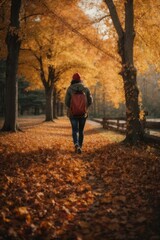 Fototapeta premium young girl walking on the leafts in autumn