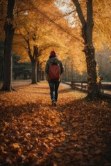 Fototapeta na wymiar young girl walking on the leafts in autumn