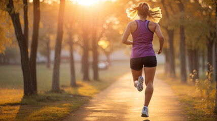woman running in the park at morning, sunrise 