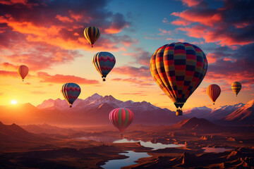 Obraz premium silhouette shot of hot air balloons gliding across a beautiful sunset backdrop Generative AI