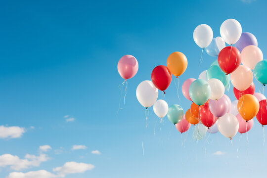 cheerful shot of balloons soaring against a clear blue sky, creating a striking contrast and evoking a sense of freedom Generative AI