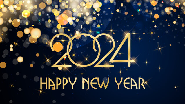 card or banner to wish a happy 2024 in gold on a blue background with circles and gold-colored glitter in bokeh effect