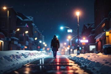 people walking in the city at night, snow, winter, cyberpunk vibe