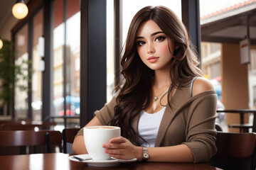 young lady drinking coffee in cafe