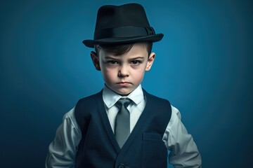 Young Boy Dressed as a Retro 1950s Mobster with Copy Space on a Blue Banner