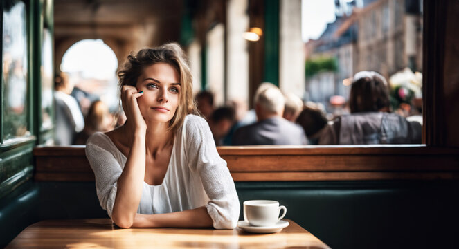  immagine primo piano di giovane donna dai capelli castano chiaro seduta al tavolo di un ristorante, sguardo sognante, sfondo con persone