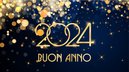 Obraz na płótnie Canvas biglietto o striscione per augurare un felice 2024 in oro su sfondo blu con cerchi e glitter color oro effetto bokeh