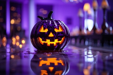 Neon purple jack o lantern. Pumpkin for Halloween. Generative AI