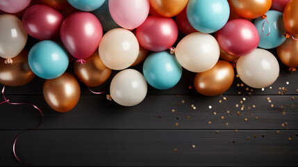 Obraz premium Palloncini per festa di compleanno. Spazio per messaggio. Ai generated.