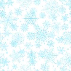 Christmas seamless pattern of beautiful complex light blue snowflakes on white background. Winter illustration with falling snow