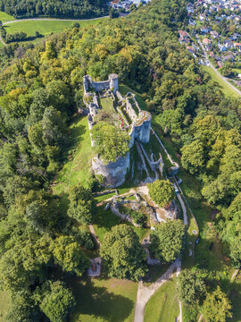 Aerial view of the Dorneck Castle ruins in Dornach town, Canton Solothum near Basel, Switzerland