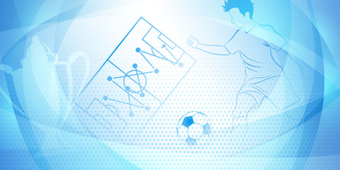 Soccer background with a football player kicking the ball and other sport symbols in blue colors
