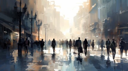 evocative scene of an anonymous crowd filling a bustling city street, art , 16:9 copy space