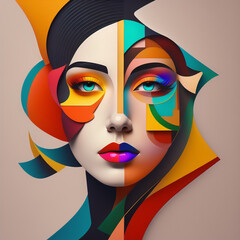 Abstract artwork that uses colorful overlapping shapes to create a portrait of a beautiful female. The look should be inspired by the unique painting styles . AI Generative