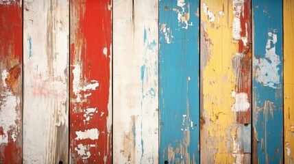 Texture of vintage wood boards with cracked paint of white, red, yellow and blue color. Horizontal retro background with wooden planks of different colors