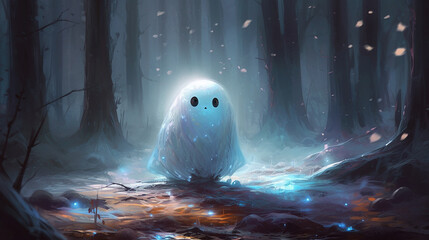halloween ghost in winter forest