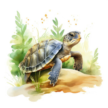 A heartwarming scene featuring a watercolor baby turtle nestled on a vibrant bed of tropical flowers, the turtle's shell displaying intricate patterns and soft hues, sunlight filtering, Generative Ai