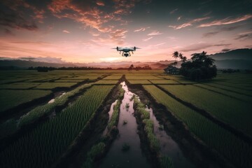 Naklejka na ściany i meble a drone flying above in a rice field during the day. Generative AI