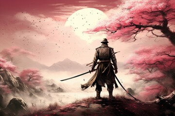 Anime People: Young Samurai Ready with Katana on Cherry Blossom Hill. Generative AI
