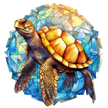 A heartwarming scene featuring a watercolor baby turtle nestled on a vibrant bed of tropical flowers, the turtle's shell displaying intricate patterns and soft hues, sunlight filtering, Generative Ai