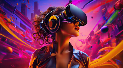 young girl with vr glasses in cyberspace, neon background