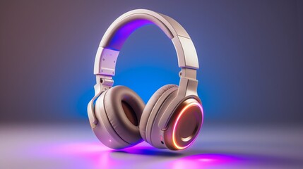 a studio photo of on-ear headphones on a solid color background, neon lighting, negative space for text