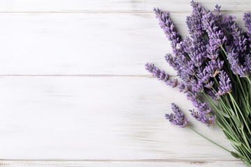 Obraz premium Vibrant Lavender over White Wooden Table - Captivating Backdrop with Copy Space Created with Generative AI Tools