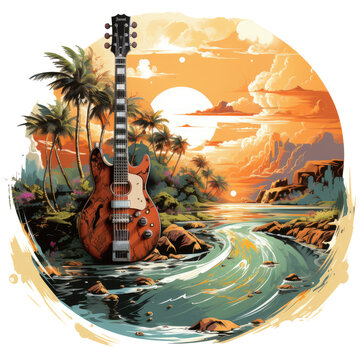 An adventurous tribal music guitar t-shirt design presenting a guitarist playing on a sandy beach surrounded, Generative Ai