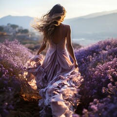 A girl in a dress and a straw hat in a lavender field. Photo from the back. - 632745237