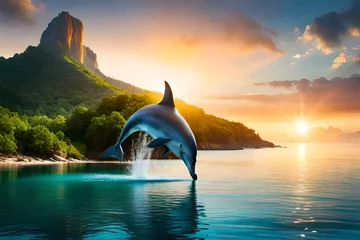 Fotobehang dolphin jumping at sunset © rabia