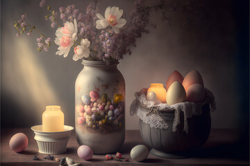 Obraz na płótnie Canvas Easter flowers and candles