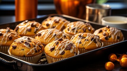 Halloween cupcakes with chocolate on a tray on a background with Halloween decorations in blur. Halloween holiday.