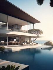 Fototapeta premium Modern luxury villa at sunset Private house with infinity pool