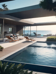 Fototapeta premium Modern luxury villa at sunset Private house with infinity pool