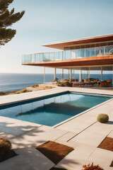 Fototapeta premium Modern luxury villa at sunset Private house with infinity pool