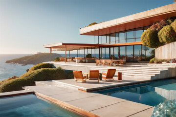 Fototapeta premium Modern luxury villa at sunset Private house with infinity pool