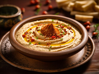 Hummus bowl close up. Chickpea hummus with olive oil and spices in a ceramic bowl on wooden table represented as a traditional arabic dish. Mediterranean snack, vegetarian healthy food concept