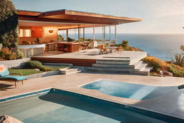 Modern luxury villa at sunset Private house with infinity pool