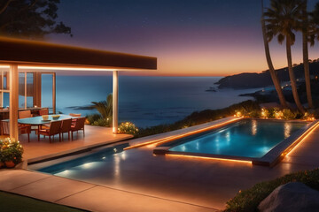 Obraz premium Modern luxury villa at sunset Private house with infinity pool
