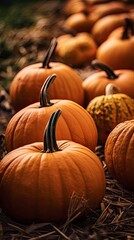 Macro photo of pumpkins in a field close-up of a pumpkin with a blurred background with many pumpkins. Orange Halloween pumpkins. Halloween, harvest, thanksgiving.