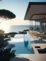 Modern luxury villa at sunset Private house with infinity pool