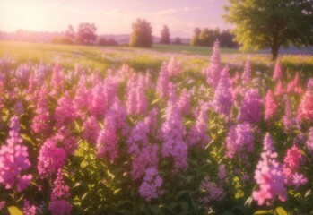 Fototapeta premium Summer flower meadow wildflower field pink with morning sunlight