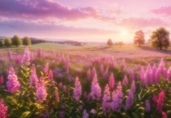Summer flower meadow wildflower field pink with morning sunlight