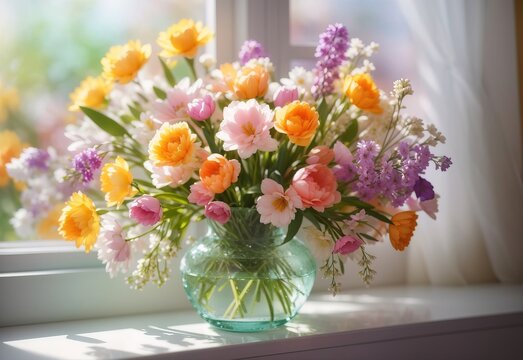 Spring time still live with bouquet of flowers in vase on blurred window background