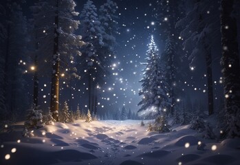 Snow falling at night in a snowy dark forest with lights and stars