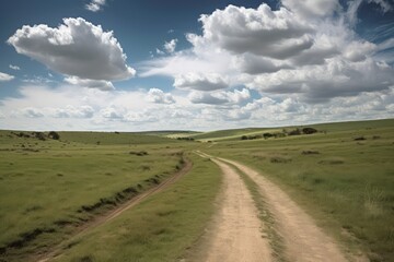 Fototapeta na wymiar Scenic view of dirt road and grassy field