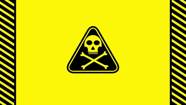 Skull danger sign toxic safety hazard harmful animation on black stripes on yellow background. k1_213
