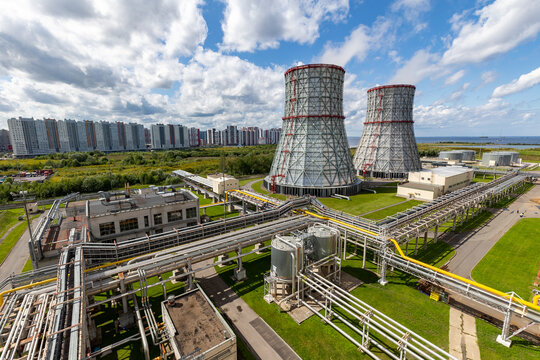 Russia. Saint-Petersburg. View of the equipment of the thermal power plant. Cooling towers.