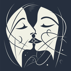 One line mysterious elegant image with two kissing girls. Vector line art abstract illustration, inspired by Picasso art